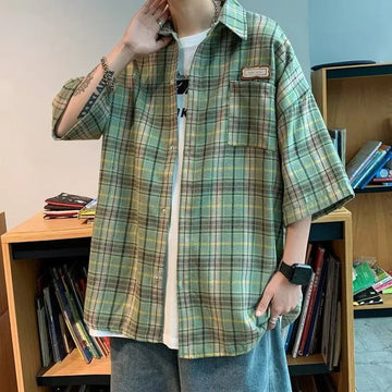 Riolio Men Clothing Summer Trendy Japanese Style Vintage Plaid Harajuku Shirt Casual Streetwear Y2K Oversized Short Sleeve Pocket Tops